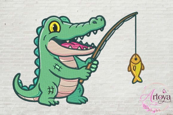 Cute Alligator Fishing Embroidery Design