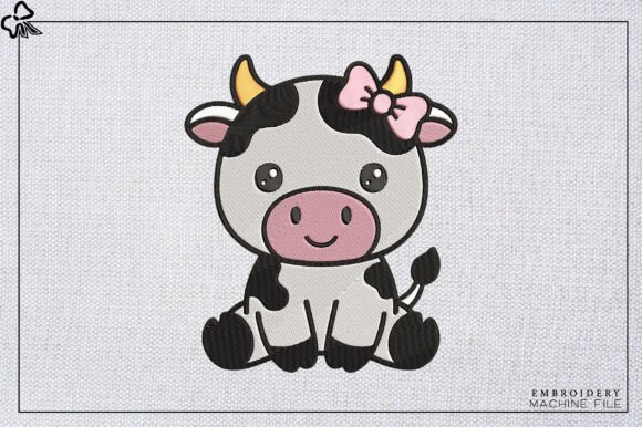 Cute Baby Cow with Bow Embroidery