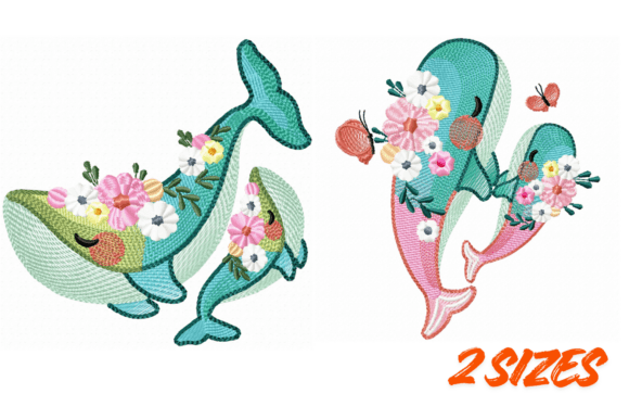 Floral Whale Embroidery Design Set