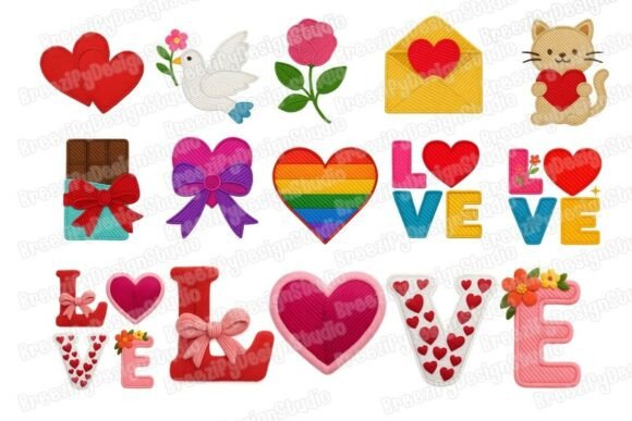 Valentine Faux Embroidery 15PNGs Bundle