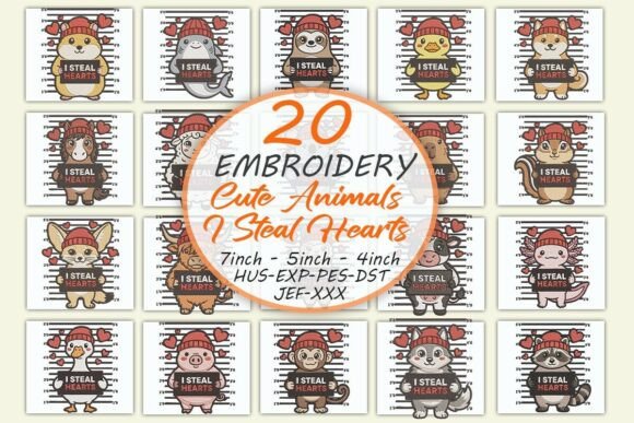 Valentine’s Day Cute Animals I Steal Hearts Embroidery Bundle